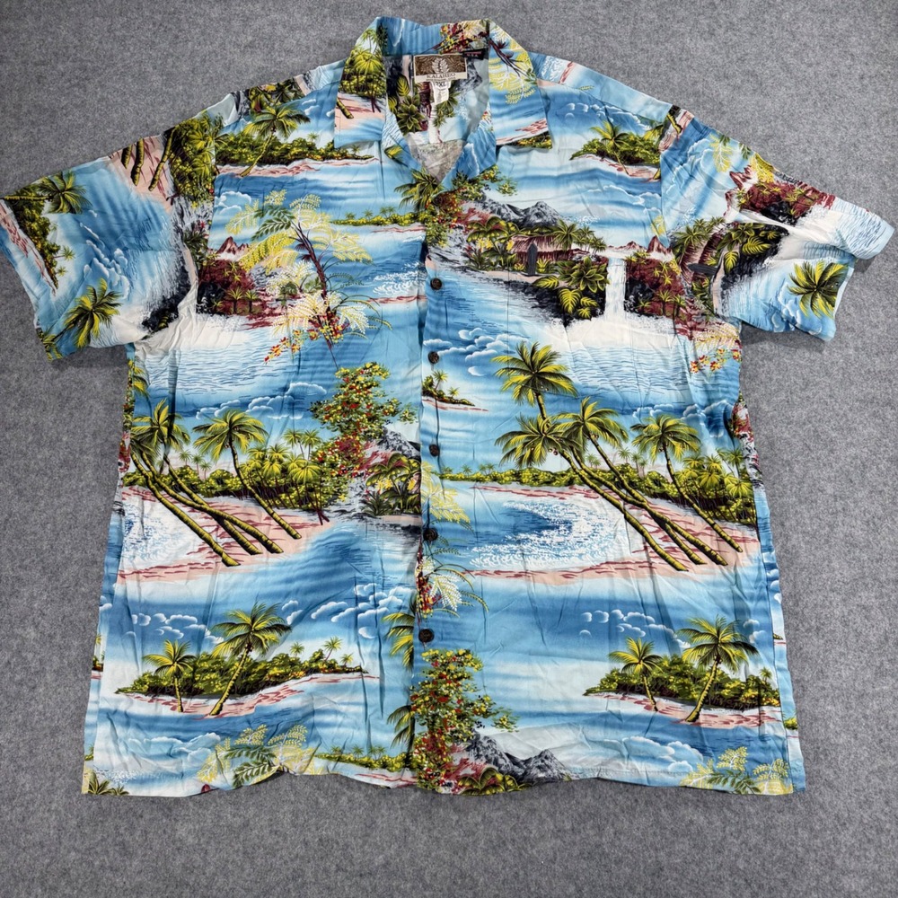 Kalaheo Mens 2XL Hawaiian Shirt Blue Tropical Island Waterfall Rayon Made in USA